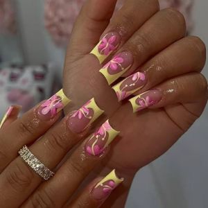 Presse carrée courte sur ongles Conseils français Faux ongles Couverture complète Absence de motifs floraux Baguette acrylique artificielle (huiouer, neuf)