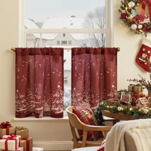 TOPICK Rideau No&euml;l Brise-Bise, Rideaux Cuisine Court Passe-Tringle, avec Motif pour Petite Fen&ecirc;tre Chambre Int&eacute;rieure D&eacute;coration Salon, 65x60cm (LxH) Lot de 2 Rouge (Audrey Home Fashion, neuf)