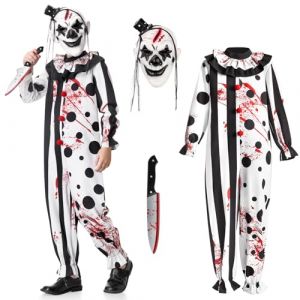 BuzzoXerex Costume Clown Tueur Enfant, Art the Clown Costume Garçon Déguisement Terrifier Enfant avec Combinaison Noire Blanche, Couteau Jouet et Chapeau Masque pour Halloween Carnaval (M) (Verdantmoon Vinepath Kft., neuf)