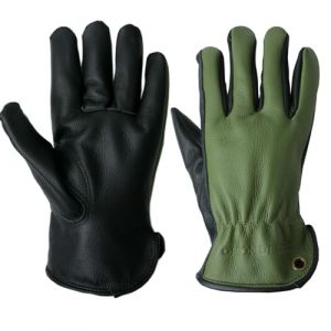 OLSON DEEPAK Gants de travail rétro en cuir marron pour coupe/moto/ferme, gants de travail en cuir de vachette avec effet décoloré pour hommes (vert noir, L) (OLSON GLOVE, neuf)
