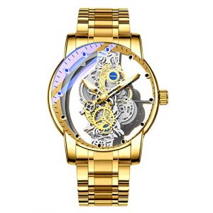 FORSINING Montre analogique à quartz pour homme - Montre squelette transparente en acier inoxydable - Cadran de luxe - Étanche et lumineuse, doré, Bracelet (Global Fashion Show, neuf)