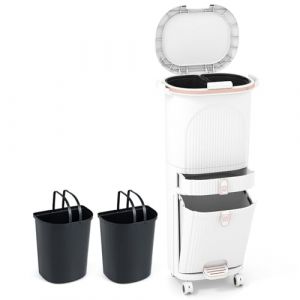 COSTWAY Poubelle Cuisine Double Compartiments en Plastique 38L, Poubelle Tri Selectif a Roulettes, Seaux Amovibles 2x12L, Panier a P&eacute;dale 14L avec Poign&eacute;e, pour Salon, Salle de Bain (Blanc,38L) (FDS GmbH, neuf)
