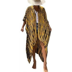 Bsubseach Robe de Plage Femme Été Tunique Cardigan Imprimé Caftan Grande Taille Kaftan Bohème Veste Kimono Bikini Cover Up Maxi Longue Fluide Pareo Femme Plage Boho Sarong Jaune Tie Dye (Bsubseach-EU, neuf)