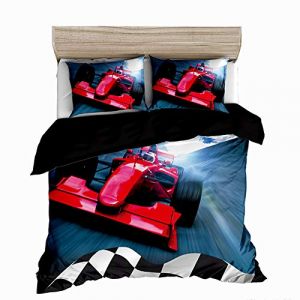 Parure de Lit 220x240cm Courses De F1 Housse de Couette Enfant 2 Personnes Adolescents Voiture De Course De Formule 1 Rouge Parure de Lit Microfibre avec Fermeture Éclair, 2 Taie d'oreiller 65x65cm (LYQFYZ, neuf)