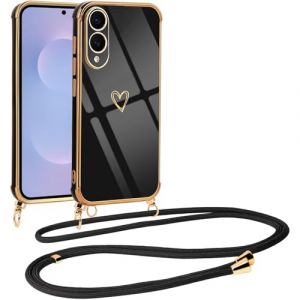 Vauki Coque pour Samsung Galaxy S25 Edge 5G avec Cordon de Collier, Galvanis&eacute; Etui Housse avec Motif Coeur d'amour, Antichoc Anti-Rayures Case avec Bandouli&egrave;re pour Samsung S25 Edge 6.7", Noir (HARMONIQUE WAY, neuf)