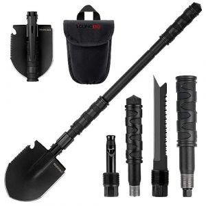 YOUNGDO Pelle Pliante 14 Fonctions, Pelle pliante Multifonctionnelle pour Couper Branches, Camping, Survie, Randonnée et Jardinage (Pelle Pliable+ 3 Poignées+Sifflet de Survie+Couteau à Poisson) (YDwednesday, neuf)