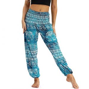 Nuofengkudu Femme Harem Pantalon Sarouel Thaïlandais Hippie Baggy Léger Boho Ethnique Smockée Taille Haute avec Poches Yoga Pants Été Plage ,Bleu Clair Éléphant C,Taille unique (better Life, neuf)