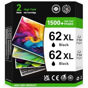 62XL Schwarz Remanufacturées pour Cartouche HP 62, Encre 62 pour Cartouche HP 62 Noir pour Envy 5640 5540 7640 5644 5642 Officejet 200 250 5740 5742(2 Pack, Noir) (Ink shop, neuf)