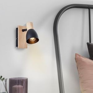 Lightbox spot mural de style nature travaill&eacute; en peuplier - spot mural scandinave avec t&ecirc;te pivotante - 14 x 7 x 16 cm - douille E14 - max. 28 W - en m&eacute;tal/bois - en noir/beige (Lightbox-Shop, neuf)