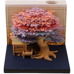 MEICHI Bloc-notes 3D, non coll&eacute;, Maison dans les arbres 3D (bleu) art sur papier avec &eacute;tui d'affichage en cristal clair, 9 x 9 x 6 cm, 260 feuilles, d&eacute;coration de table (iIdee, neuf)