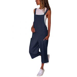 Minetom Femme Salopette Casual Couleur Unie Ample Pantalon Combinaison Jumpsuit Chic Overalls Rompers Playsuits avec Poches B Bleu 38 (Mon Bon Coup FR, neuf)