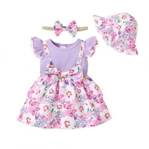 UUAISSO V&ecirc;tements pour B&eacute;b&eacute; pour Nouveau-n&eacute; Fille Robe &agrave; Volants Imprim&eacute; Floral Tenues D'&eacute;t&eacute; Ensemble Mignon Bandeau N&oelig;ud Jupe Violet 6-12 mois (XXIE, neuf)