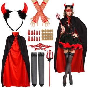 Halloween Deguisement Vampire Femme, D&eacute;guisement de Diable Femme, Deguisement Carnaval Ensemble Cape Vampire Avec B&acirc;ton du Diable, Serre-t&ecirc;te, pour Costume Carnaval Halloween Adulte (WUMINYANG LIMITED, neuf)