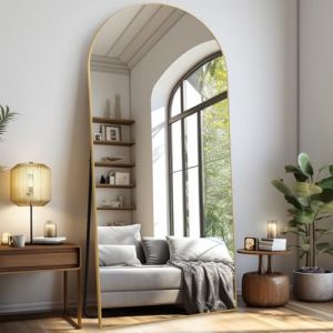 LunaMirror Miroir Intégral 192 x 85 cm Arqué Miroir sur Pied Grand Miroir À Poser au Sol pour Chambre à Coucher, Salon et entrée, Verre Trempé, Cadre en Alliage d’Aluminium Doré (LunaMirror, neuf)