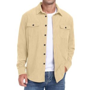 QIXING Chemises boutonn&eacute;es en velours c&ocirc;tel&eacute; &agrave; manches longues pour homme Shacket Veste de camionneur d'automne et d'hiver Manteaux avec poches &agrave; rabat, abricot, L (shangguanguk, neuf)