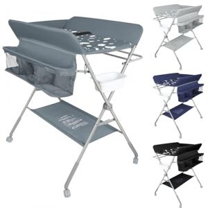 OHMG Commode à langer pliable, table à langer avec roulettes, table à langer mobile avec matelas à langer, ceinture de sécurité et compartiments de rangement, étanche et réglable en hauteur, stable (jusiZL, neuf)