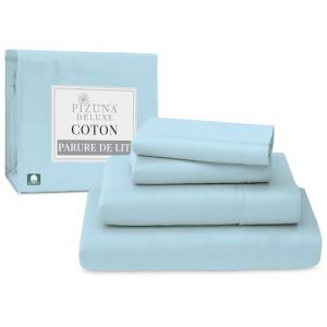 Pizuna 100% Coton Parure de Lit 180x200 cm Bleu Bebe, Tissu de Satin de Coton à 600 Fils au Pouce carré Comprend 1 Drap Housse, 1 Drap Plat, 2 Taie d'oreiller (Coton Draps 2 Personnes) (Pizuna Linens, neuf)