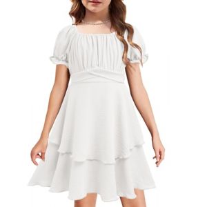 Arshiner Robe Fille Manches Courtes Robe à Volants Robe Trapèze en Mousseline de Soie Robes de Fête de Mariage pour Enfants Robe de Fête Robe de Plage avec Ceinture Blanc 7-8 Ans (Arshiner Store, neuf)