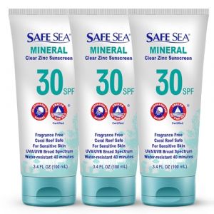 Safe Sea Lot de 3 cr&egrave;mes solaires &agrave; l'oxyde de zinc SPF30 | Cr&egrave;me solaire min&eacute;rale transparente pour le visage et le corps sans fonte blanche | Lotion protectrice anti-piq&ucirc;res de m&eacute;duses | Format (Safe Sea, neuf)