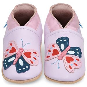 Chaussures pour fille en cuir souple, chaussures pour b&eacute;b&eacute;, premiers pas, avec semelle en daim, bottines pour b&eacute;b&eacute;, papillons., 2-3 anni (Juicy Bumbles, neuf)