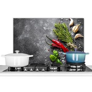 KitchenYeah© Fond de Hotte 70x50 cm Aluminium Crédence Cuisine Décoration Murale Crédence Plaque de Cuisson Anti Projection Poivre - Herbes - Epices - Béton (KitchenYeah, neuf)