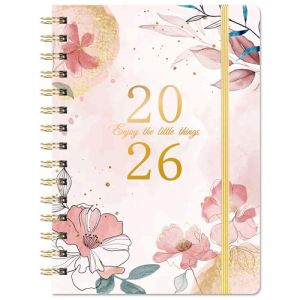 Agenda 2026 - Agenda semainier 2026 au format A5 de janvier 2026 à décembre 2026, belles fleurs aquarelles, reliure à spirales, couverture rigide, fermeture élastique, 21,5 x 15,5 x 1,5 cm (Balaiwei, neuf)