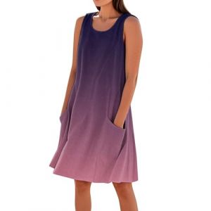 Robe Femme Chic Et Elegant Grande Taille D'&eacute;t&eacute; Robe Boheme Fluide Courte sans Manches Vetement Femme Ete Coton Plage Col Rond Summer Dress Et Ventes Flash Violet L (⭐⭐⭐⭐⭐DUIGUN（Livraison 5-14 jours）, neuf)