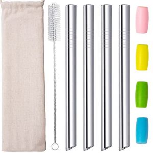 morneve Pailles de Boba en Inox r&eacute;utilisables fer m&eacute;talliques Embouts coud&eacute;s Smoothies perle de tapioca Th&eacute; au lait Milkshake Paille th&eacute; &agrave; bulles 12mm avec sac Embout en silicone brosse Argent 4pcs (morneve, neuf)
