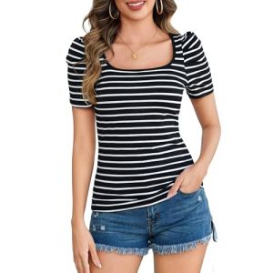 Aottori T-Shirt Ray&eacute; &agrave; Manches Courtes pour Femme Tee Shirt Coton Col Carr&eacute; &Eacute;l&eacute;gant Basique Tshirt Tunique Haut T Shirts Top &Eacute;t&eacute; Noir M (LEHONG-EU, neuf)