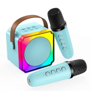 Machine &agrave; Karaok&eacute; avec 2 Microphone sans Fil pour Enfants par MMOBIEL &ndash; Enceinte Bluetooth Portable, 2 Microphone, Effets de Voix, Lumi&egrave;re LED &ndash; Micro Karaoke, Cadeau Fille, Garcon, Enfants 3+, Bleu (Menko Telekom, neuf)
