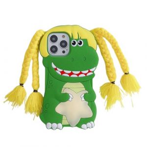 QoKcoahn Coque pour iPhone 15 Pro, coque de t&eacute;l&eacute;phone Kawaii 3D - Motif dinosaure mignon - Jaune - Longues tresses - Coque de protection en silicone souple et amusante pour femmes et filles pour (ShinOya, neuf)
