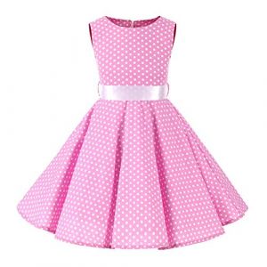 IWEMEK Robe Cérémonie Vintage Fille Enfant Rockabilly Année 50/60 Retro à Pois Polka Dot Imprimé Floral Pin Up de Soirée Fête Cocktail Noël Mariage A-Ligne Midi Rose 9-10 Ans (IWEMEK, neuf)