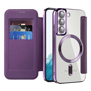 QIWEIQING Coque Magn&eacute;tique pour Samsung Galaxy S22 Etui Compatible avec MagSafe, Dos Transparente Anti-Choc Anti-Rayures Flip &Eacute;tui en Cuir Housse Case pour Samsung Galaxy S22. Violet JDC (QIWEIQING, neuf)