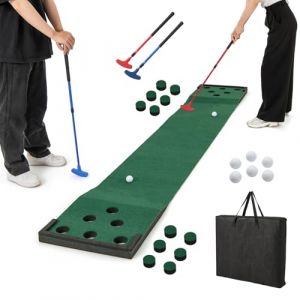 COSTWAY Tapis de Putting Entraînement Golf de 332 cm, Golf Putting avec 2 Putters Ajustables, 6 Balles et 12 Couvercles de Trous pour Fête, Tapis d'Entraînement pour Intérieur/Extérieur (Vert Foncé) (FDS GmbH, neuf)