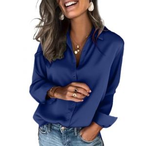 Zeagoo Chemisier &Eacute;l&eacute;gante col en V Chemises Satin Soie &agrave; Manches Longues Boutons Chemisier Blouse D&eacute;contract&eacute; Business Soir&eacute;e Bleu Marine S (Zeagoo direct, neuf)
