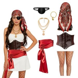 7PCS D&eacute;guisement Pirate Femme Accessoires Pirate, Accessoires de Costume de Pirate, Bandana Ceinture Cache Oeil Boucles d'Oreilles Collier Bas R&eacute;sille Foulard de Taille, pour Cosplay Carnaval (Bafaeur EU Direct, neuf)
