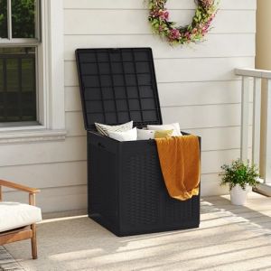 GOPLUS Coffre de Jardin Exterieur Etanche 145 L avec Couvercle Verrouillable, Design Rotin, Poignées Latérales, Boîte Banc de Rangement Jardin pour Outils, Coussins, (Noir,56x56x60,5 cm|145L) (Augenstern24, neuf)