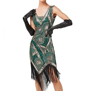 KBOPLEMQ Costume Gatsby pour Femme - Robe Vintage des Années 1920 - Charleston à Paillettes - Ourlet à Pompons - Cocktail, Bal de Fin d'Année, Soirée (VISNA, neuf)