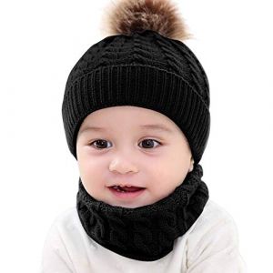 CheChury B&eacute;b&eacute; Bonnets et &eacute;charpes en Tricot Fille Hiver Pompom Tricot&eacute;s Bonnet B&eacute;b&eacute; 0-24 Mois Gar&ccedil;on Chaud &Eacute;charpe Ensemble Enfants-A-Noir-Taille Unique (Sofenny, neuf)