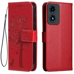 Topme &Eacute;tui en Cuir pour Motorola Moto E14 / G04S / G04 / G24 / G24 Power (6.5" inches), [ Coque Housse de T&eacute;l&eacute;phone Style Motif Chat Et Arbre] - Rouge (topme, neuf)