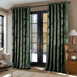 MIULEE Rideau Velours Motif Feuilles d'Or, Doux Velour Vert Fonc&eacute; &agrave; Oeillets, Grande Largeur Rideau Fen&ecirc;tre Chambre Salon Int&eacute;rieurs, 2X L228xH228 CM (MIULEE HOME, neuf)