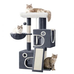 Hzuaneri Arbre a Chat, Petit Arbre &agrave; Chat de 98 cm, Spacieux et Stable, avec Grande Plateforme Souple, Pompons, Panier, Griffoir et Planche &agrave; Gratter, Gris Fonc&eacute; MS10118SG (Hzuaneri FR, neuf)