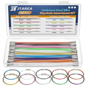 JTAREA 10Couleurs 15CM Porte-Cl&eacute;s en Fil Acier Inoxydable Kit 2MM C&acirc;ble Porte Cl&eacute;s C&acirc;bles de Boucle Anneaux Porte Cl&eacute; pour Pendre &Eacute;tiquette de Bagage Carte Clef Tag ID (Paquet de 30) (JTAREA - EU, neuf)