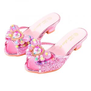 Monissy Reine des Neiges Princesse Elsa Mules Talon Haut Pantoufle Bouche de Poisson Paillette Deux Noeuds en Cuir Elsa Badge Crystal Incrusté Perles Colorés Fille Chaussures Noël (Monissy, neuf)