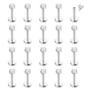 CASSIECA 20 Pi&egrave;ces 16G Hypoallerg&eacute;nique en Acier Inoxydable Goujons &agrave; L&egrave;vres Labret Piercing avec 3mm CZ Cartilage Tragus Helix Monroe Piercing Stud Bijoux 6mm 8mm 10mm, Acier inoxydable (Yanjia EU, neuf)