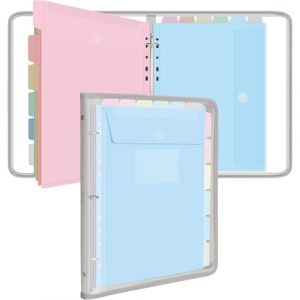 Uquelic Classeur 3 anneaux A4 - Classeur avec 12 pochettes plastique A4 pour organiser et classer des documents, coque souple en PVC (Macaron transparent) (Desremit, neuf)