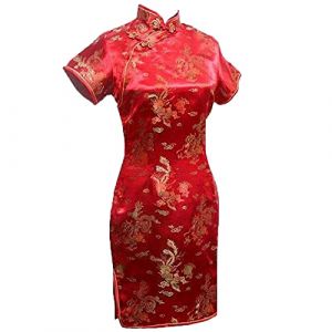 Robe courte chinoise courte Qipao élégante pour femme avec col mandarine Cheongsam - Rouge - XL (aoligigigi, neuf)