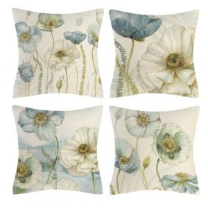 Vgzsyomqib Fleurs Bleu Beige Housse Coussin en Lin Lot de 4 Décoratif Fleuri Moderne Housses Coussin 40x40 Motif Nature Printemps Taie Oreiller Deco Interieur Lit Canapé Salon Exterieur (infinisage, neuf)