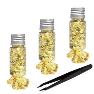 Funngy Feuille d'or Papier,3 Bouteilles de Feuilles d'or D&eacute;coratifs Paillette Feuille d'or Or Leaf Flakes D&eacute;coratif Papier avec Pince &agrave; &eacute;piler pour Artisanat D&eacute;coration et Bijoux en R&eacute;sine (Funng, neuf)