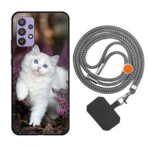 vingarshern Coque Compatible avec Samsung Galaxy A32 5G Antichoc Silicone Bumper Case &Eacute;tui de Protection Housse Coque avec Motif,Souple Coque avec Cordon Detachable,Chat Blanc (YOUKARSHERN, neuf)